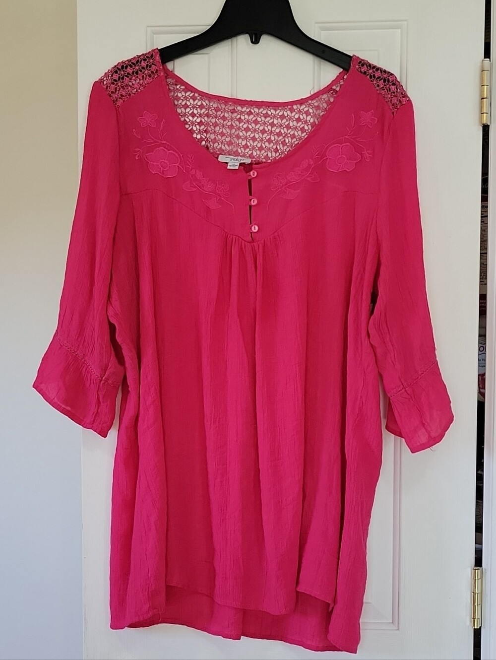 Boho Romantic Hot Pink Embroidered Lace Tunic Blouse Bell Sleeve Plus Size 2X
